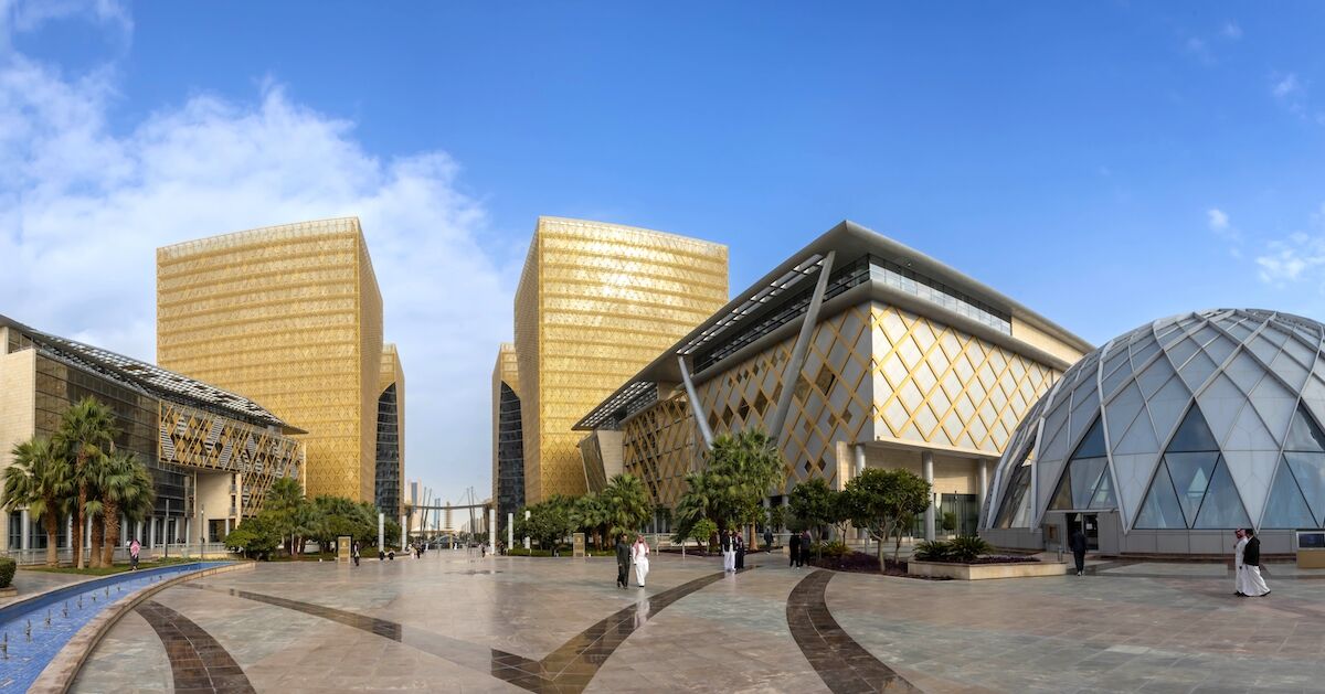 Golden ITCC towers and central plaza in Riyadh's Digital City
