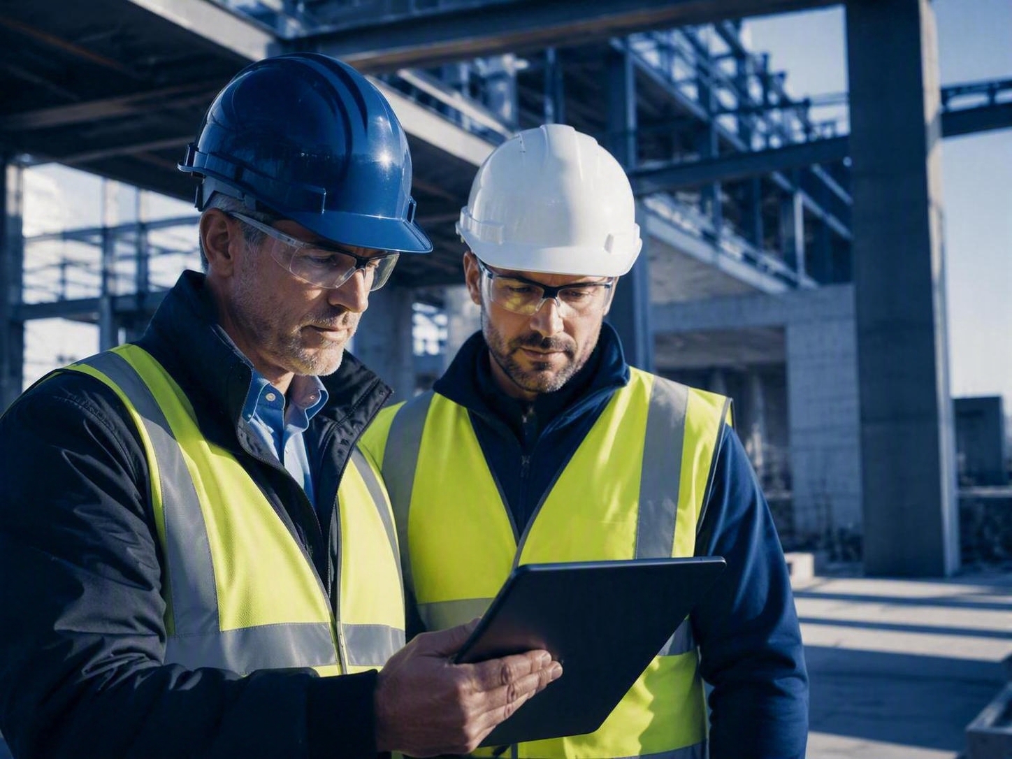 Senior construction specialists reviewing project information on site